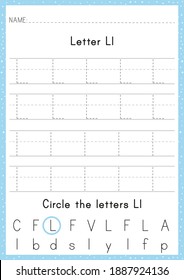 Alphabet Letter L Tracing Worksheet. Activity for pre schoolers and kindergarten. English Alphabet training for kids. A4 paper ready to print.