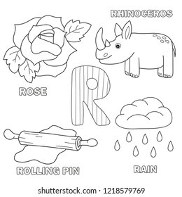 Alphabet letter with alphabet letters - R. pictures of the letter - coloring book for kids - Rose, rolling pin, rain, rhino