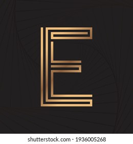 Letra alfabética de la línea E. Línea dorada. Fondo de onda. Estilo de lujo. Ilustración del vector