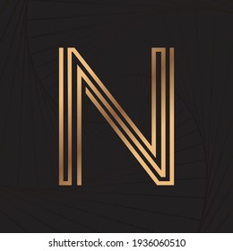 Alphabet letter line N. Golden line. Wave background. Luxury style. Vector illustration