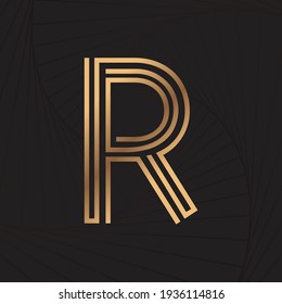 Alphabet letter line R. Golden line. Wave background. Luxury style. Vector illustration