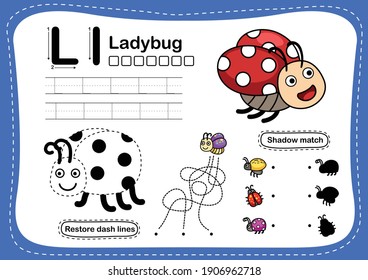 Alphabet Letter L-ladybug exercise with cartoon vocabulary illustration, vector