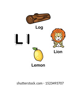 Alphabet Letter L-lemon,lion,log vector illustration