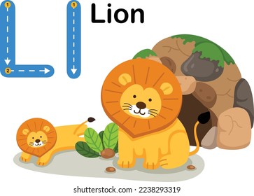 Alphabet Letter L-Lion with cartoon vocabulary illustration, vector