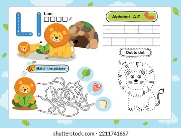 Alphabet Letter L-Lion exercise with cartoon vocabulary illustration, vector