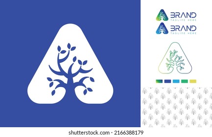Letra alfabética logotipo logotipo con árbol como espacio negativo en letra negrita con variación de color del logotipo y patrón para diseño de marca