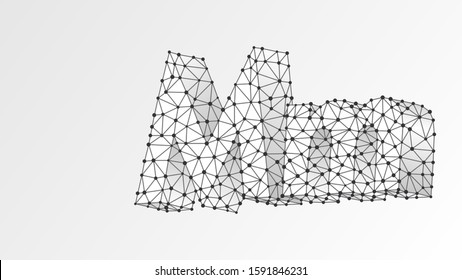 Alphabet letter M. Abstract digital wireframe, low poly mesh, vector white origami 3d illustration. Design of an Uppercase and lowercase letters. Metro M sign. Template, pattern. Triangle, line, dot
