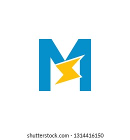 Alphabet Letter M. Blue and Yellow. Electricity Cartoon Style Typograph. Can use for icon or logo