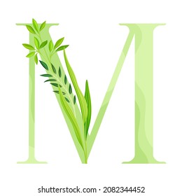 Alphabet Letter M Decorated with Green Foliage and Leaf Vector Illustration