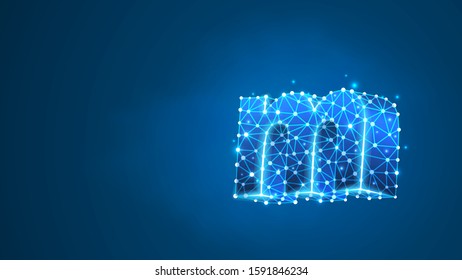Alphabet letter m. Design of a lowercase letter. Banner, template or a pattern. Abstract digital wireframe, low poly mesh, vector blue neon 3d illustration. Triangle, line, dot