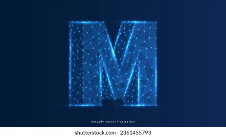 Alphabet letter M. Design of an Uppercase letter. Metro M sign. Banner, template or a pattern. Abstract digital wireframe, low poly mesh, vector blue neon 3d illustration. Triangle, line dot	