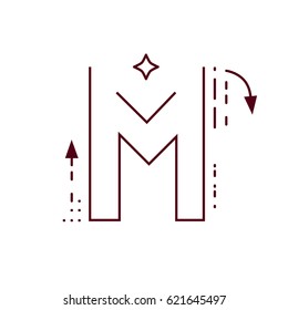 Alphabet Letter M Flat Style, Thin Line Art Design. Set of application development, web site coding, information, mobile technologies, business icons and elements. Modern concept vectors collection