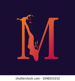 Alphabet letter M with liquid splash and drops, abstract colorful ink abc, stylized dynamic paint trail font. Vector