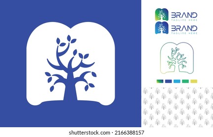 Alphabet letter M logo with a tree as negative space in bold letter with logo color variation and pattern for branding design