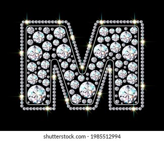 Alphabet letter M made from bright, sparkling diamonds. Jewelry font. 3d realistic style vector illustration.
