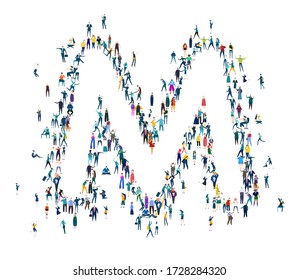 Alphabet. Letter M made of many little people, crowd creation. Lots of busy people in the letter shape. 