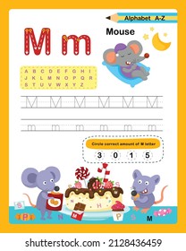 Alphabet Letter M - Mouse  exercise with cartoon vocabulary illustration, vector