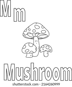 Alphabet letter M for Mushroom Coloring Book Pages for Children and Kids