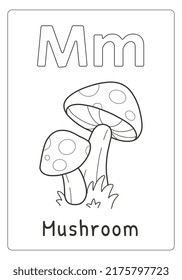 Alphabet letter M for mushroom coloring page for kids