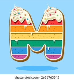 Letra del alfabeto M en forma de pastel de arco iris