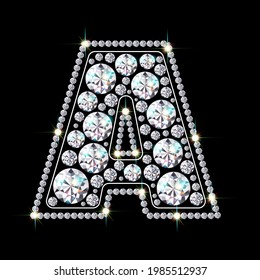 Alphabet letter A made from bright, sparkling diamonds. Jewelry font. 3d realistic style vector illustration.