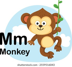 Alphabet Letter M-Monkey with cartoon vocabulary illustration, vector
