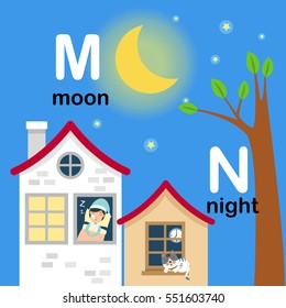 Alphabet Letter M-moon,N-night,vector illustration