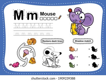 Alphabet Letter M-mouse exercise with cartoon vocabulary illustration, vector
