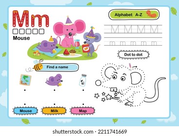 Alphabet Letter M-Mouse exercise with cartoon vocabulary illustration, vector