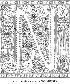 Alphabet Letter N Adult Coloring Book Fantasy Sheet Vector Illustration