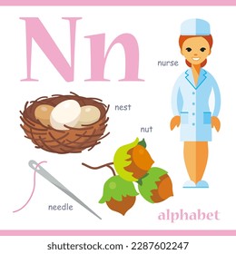 Alphabet letter N with cartoon vocabulary illustration: nurse, nest, nut, needle. Cute children ABC alphabet flash card with letter N for kids learning English vocabulary.