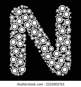 Alphabet letter n coloring book page design with round geometric circle shapes style.