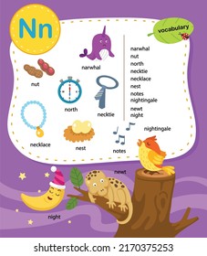 Alphabet Letter N education vocabulary illustration, vector