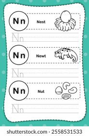 Alphabet letter N exercise with cartoon vocabulary for coloring book illustration, vector