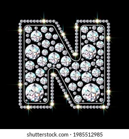 Alphabet letter N made from bright, sparkling diamonds. Jewelry font. 3d realistic style vector illustration.