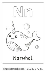 Alphabet letter N for narwhal coloring page for kids