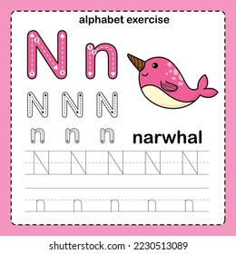 Alphabet Letter  N - Narwhal exercise with cartoon vocabulary illustration, vector