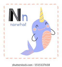 Alphabet letter N for Narwhal for teaching kids to read and spell with upper and lower case letters, educational vector
