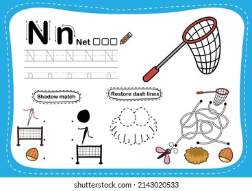 Alphabet Letter N - Net exercise with cartoon vocabulary illustration, vector