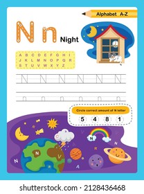 Alphabet Letter N - Night  exercise with cartoon vocabulary illustration, vector