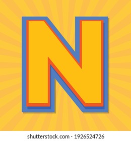 Alphabet letter N with yellow sun rays background, vector alphabet