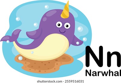 Alphabet Letter N-Narwhal with cartoon vocabulary illustration, vector