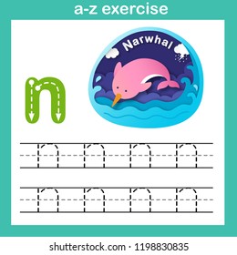Alphabet Letter N-narwhal exercise,paper cut concept vector illustration