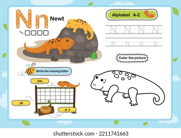 Alphabet Letter N-Newt exercise with cartoon vocabulary illustration, vector