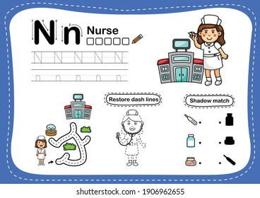Alphabet Letter N-nurse exercise with cartoon vocabulary illustration, vector