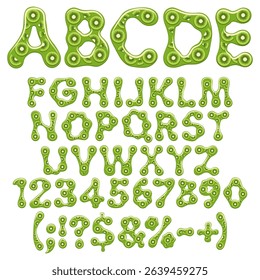 Alphabet, letter, number and sign made of green jelly with slices of kiwi. Isolated vector object on white background.