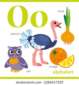 Alphabet letter O with cartoon vocabulary illustration: ostrich, owl, orange, onion. Cute children ABC alphabet flash card with letter O for kids learning English vocabulary.