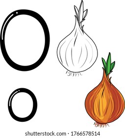 Alphabet, letter O with coloring and onion. Flashcards for English lessons. Training, drawing, sample with picture. Vector illustration in cartoon style