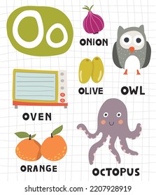 Alphabet letter O with cute object and animal illustration for children learning