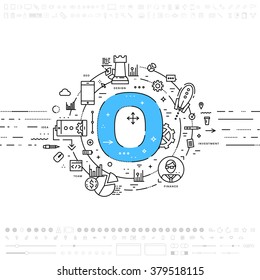 Alphabet Letter O. Flat Style, Thin Line Art Design. Set of application development, web site coding, information, mobile technologies, business icons and elements. Modern concept vectors collection